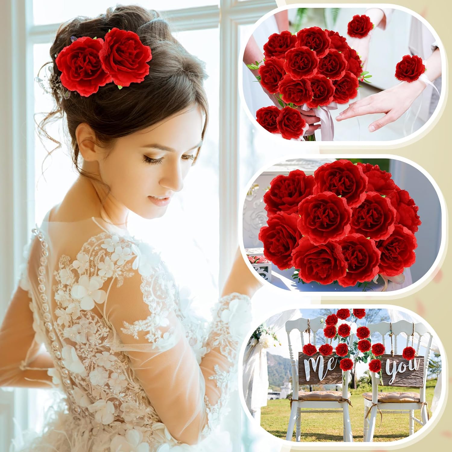 50 Pcs Artificial Flowers, 3.2 Inches Silk Rose Head Flowers Fake No Stem for Wedding Bridal Bouquet Home Floral Decor DIY Centerpieces Arrangements Party Tables Decoration(Red) - Image 6