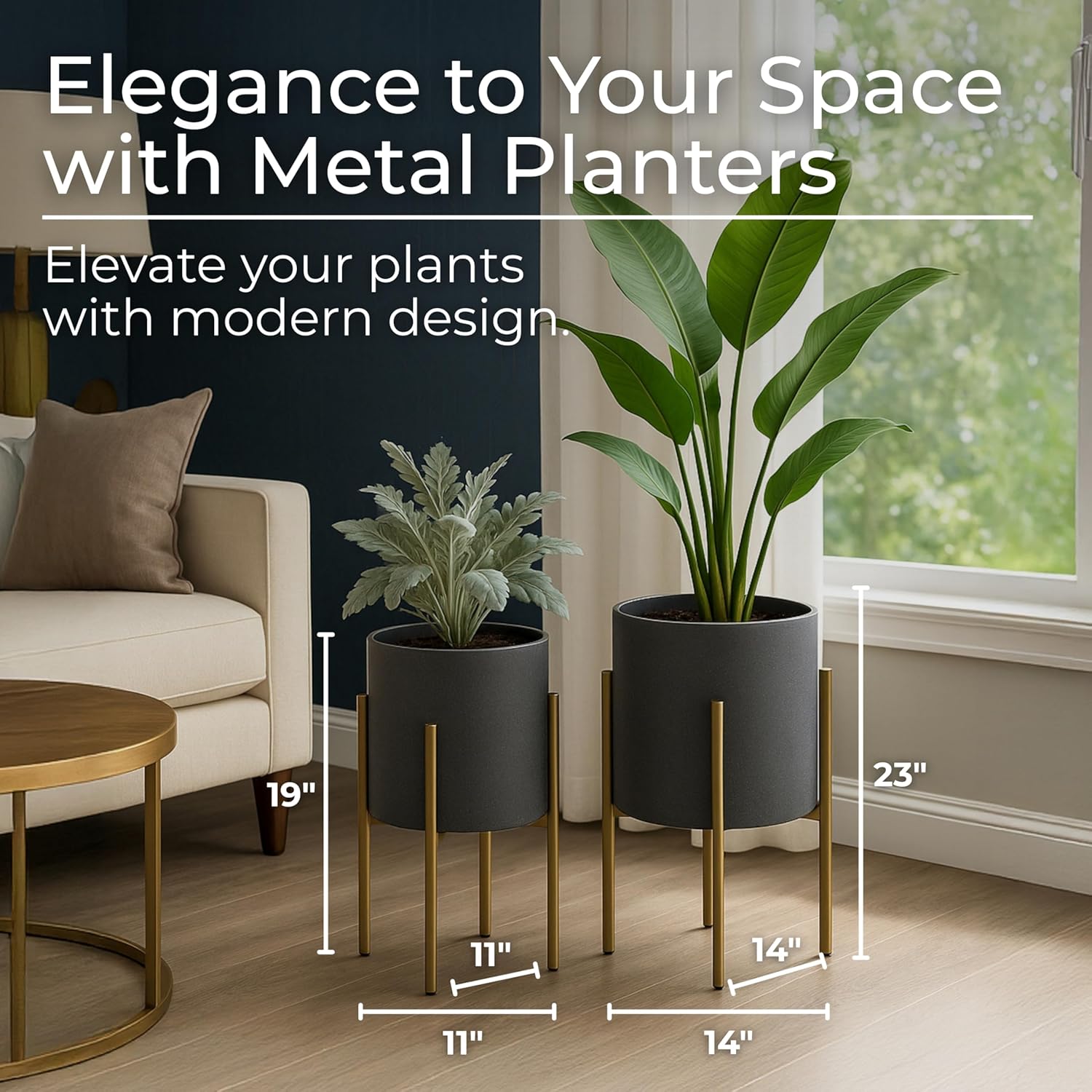Decorative Flower Pots with Metal Stand for Home Decor - Modern Planters for Hallway, Entryway, and Living Room Decor - Indoor and Outdoor Pots for Plants - Set of 2, 23", 19", Gray & Gold