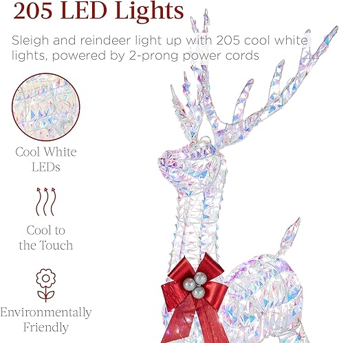 Miniatura 4 de Best Choice Products Reno y trineo de Navidad iluminado de 4 pies, juego de decoración navideña para patio al aire libre con 205 luces LED, estacas,