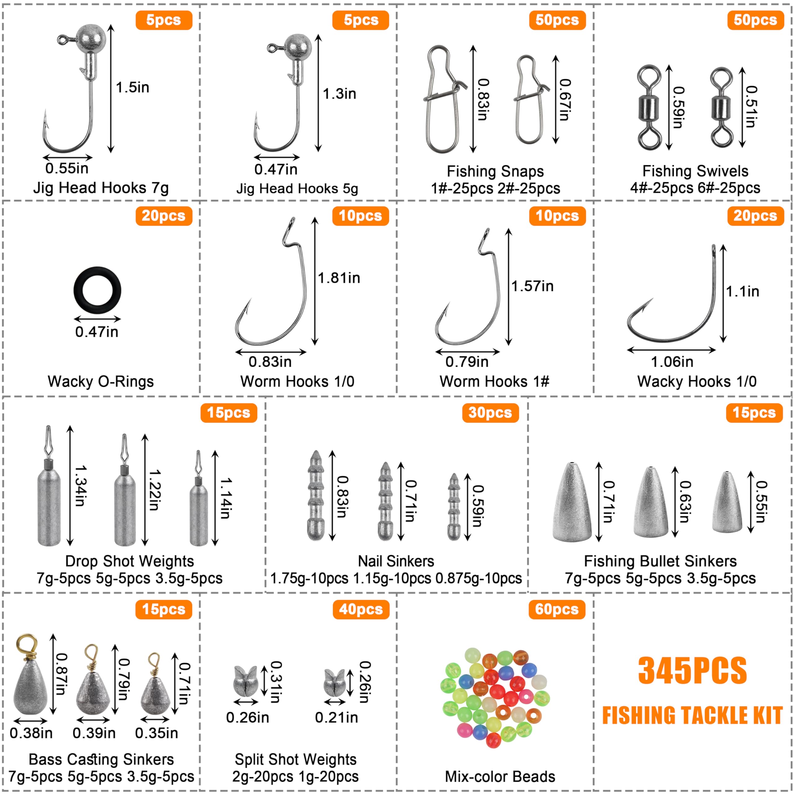 Kit d'accessoires de pêche 345 pièces, boîte de matériel de pêche avec tête plombée, hameçons, plombs, émerillons, perles, équipement de pêche pour bar, truite, eau salée et eau douce