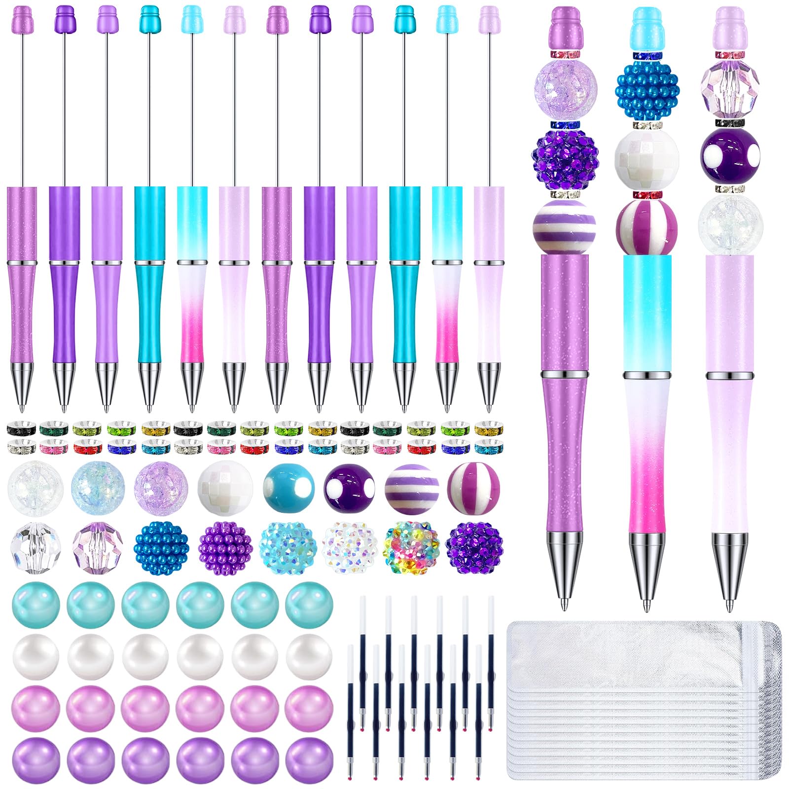 12 Sets Plastic Beadable Pens Assorted Bead Pens Multicolor Beads Bubblegum Beads Crystal Spacer Beads Black Ink Ballpoint DIY Bead Pen Set for Kids Women Office Gifts School(Ocean Color)