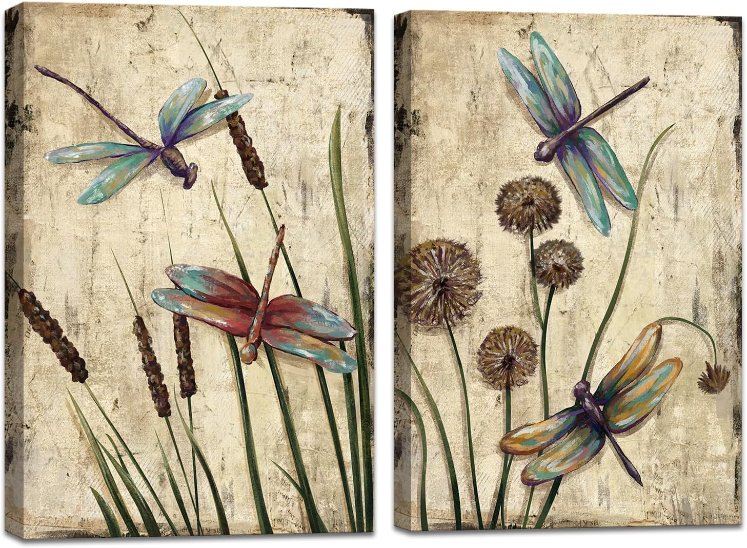 KLVOS Dragonfly Canvas Wall Art Decor Vintage Insect Dragonflies Dandelion Picture Print on Canvas Modern Animal Artwork Framed for Bedroom Bathoom Ready To Hang