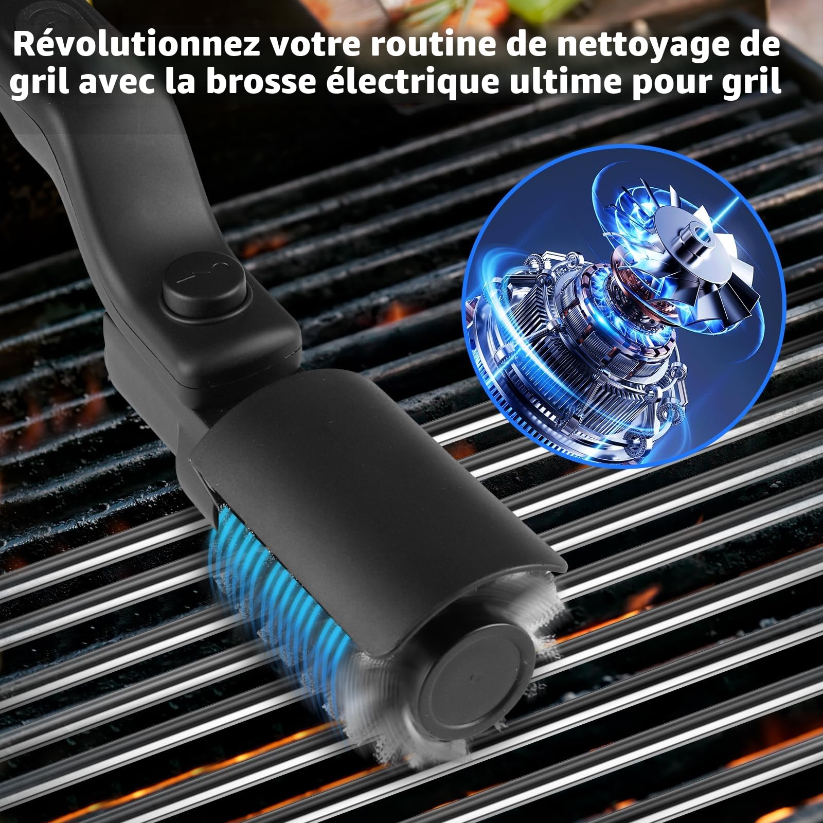 Brosse électrique barbecue batterie angle réglable acier inoxydable nettoyage 3 niveaux autonomie 90 min étanche Noir
