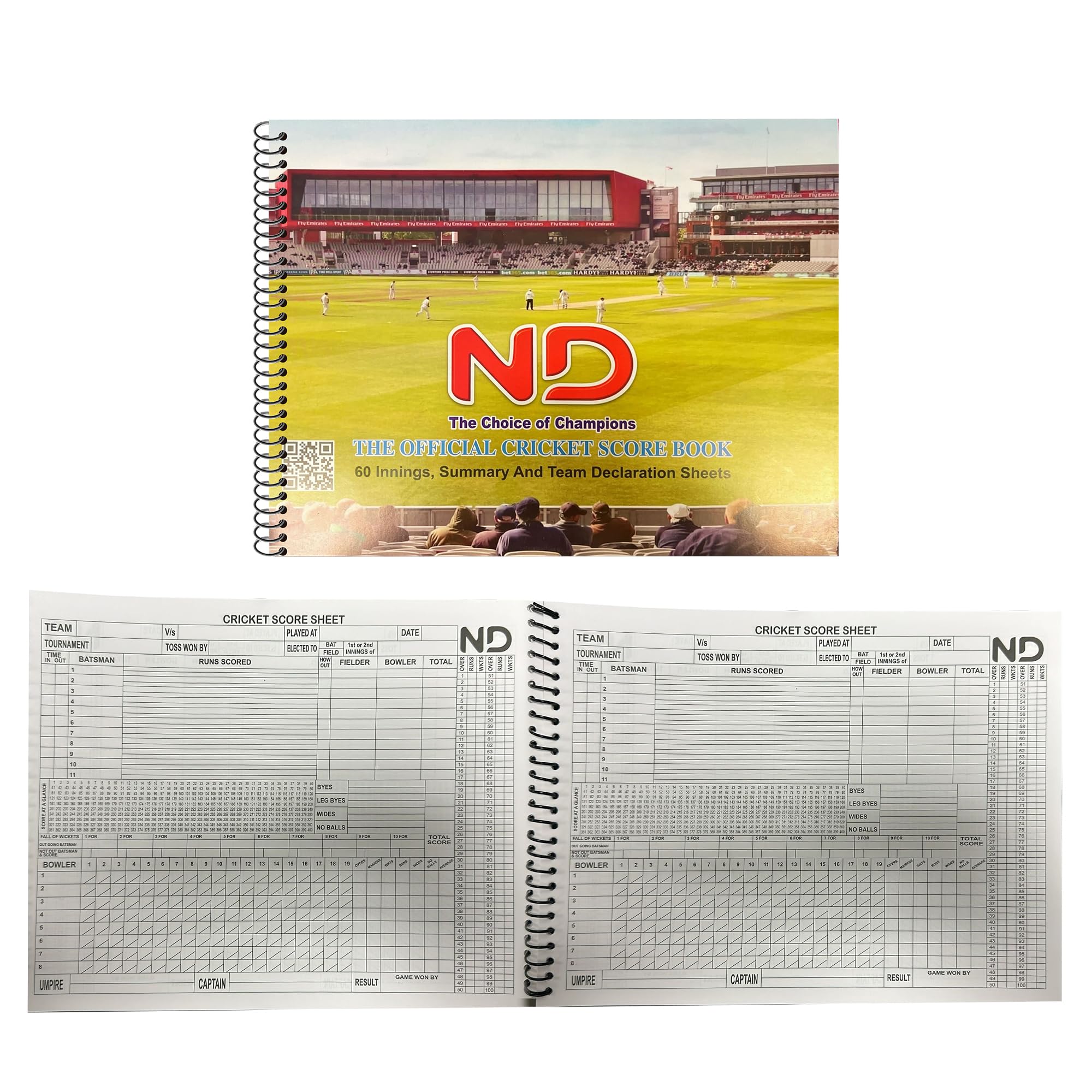 ND Sports Cricket Scorebook โ Wirebound Official Cricket Accessory for Match Scoring โ Easy-to-Read Layout with Summary & Declaration Sheets (60 Innings)