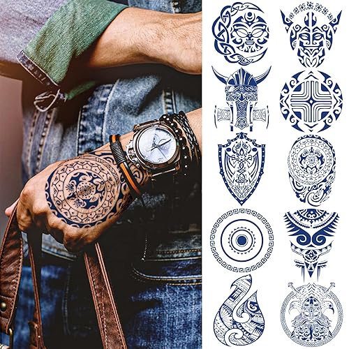 Miniatura 1 de 10 hojas de tatuajes temporales de estilo azteca y vikingo para hombres, tatuajes falsos para la parte posterior de las manos y antebrazos, de larga