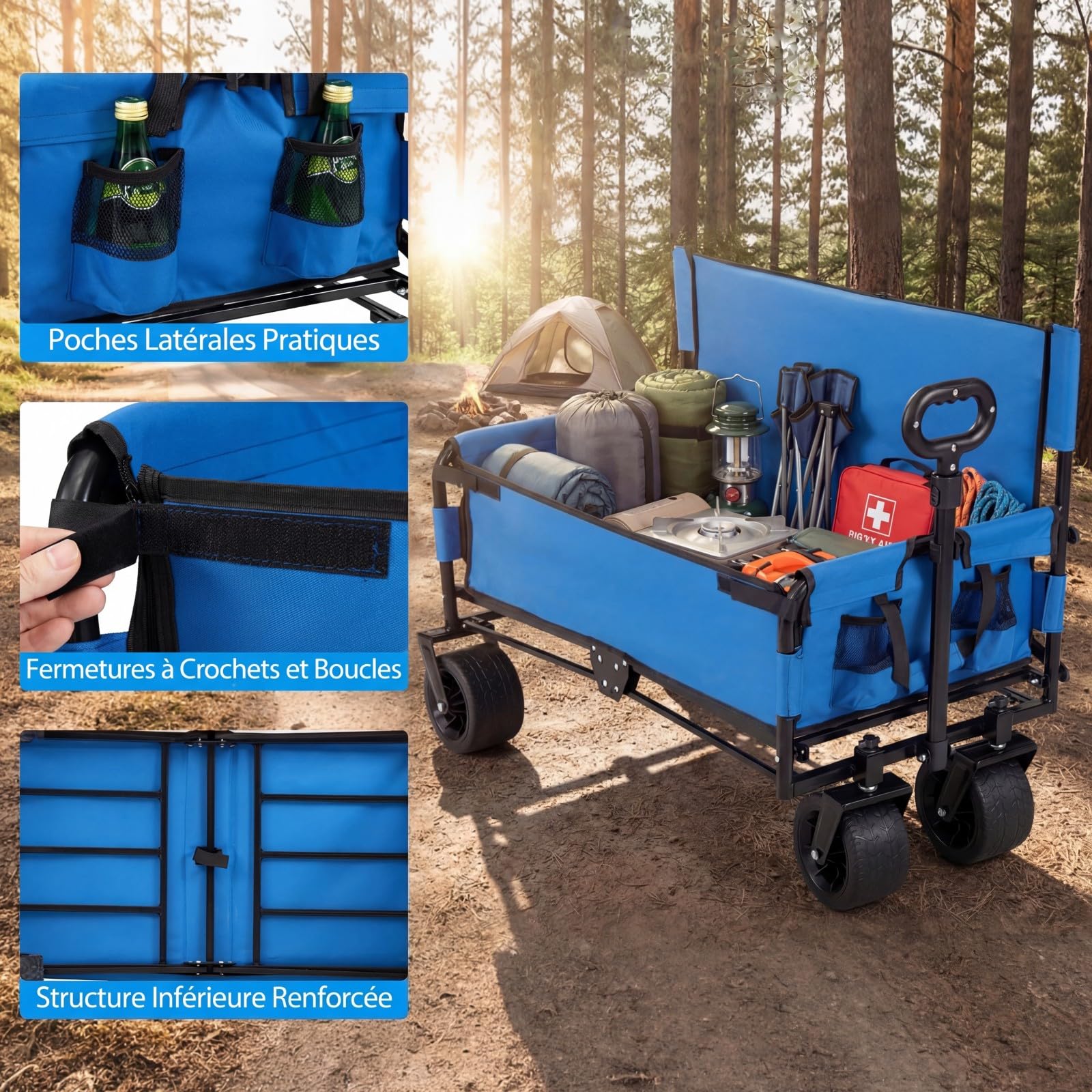 COSTWAY Chariot de Plage Pliable Banc 2-en-1, Chariot de Transport 85 L avec Poignée Ajustable Poussée/tirée Coussins Doux et Roues Tout-Terrain, pour Camping Sport et Shopping (Bleu)
