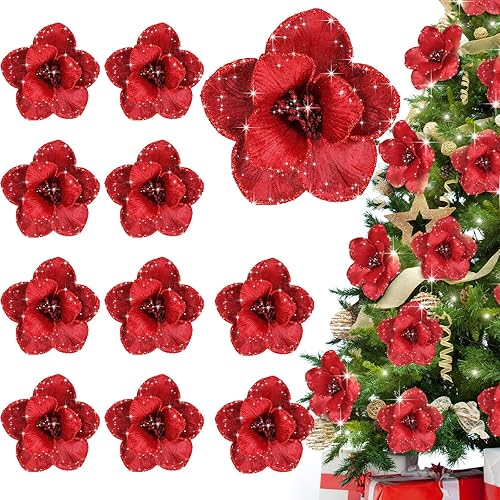 12 adornos de flores de magnolia con purpurina de Navidad, flores de Pascua artificiales de magnolia, flores de Navidad decorativas para árbol de