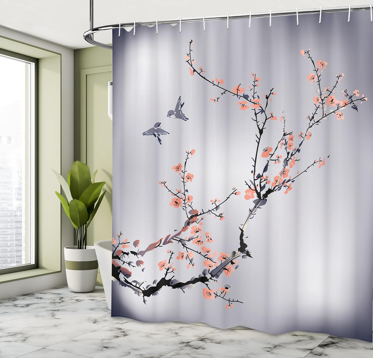 Ambesonne Nature Shower Curtain, Flowers Buds and Birds with Cherry Branches Style Artwork Painting Effect, Cloth Fabric Bathroom Decor Set with Hooks, 69" W x 70" L, Grey Pink