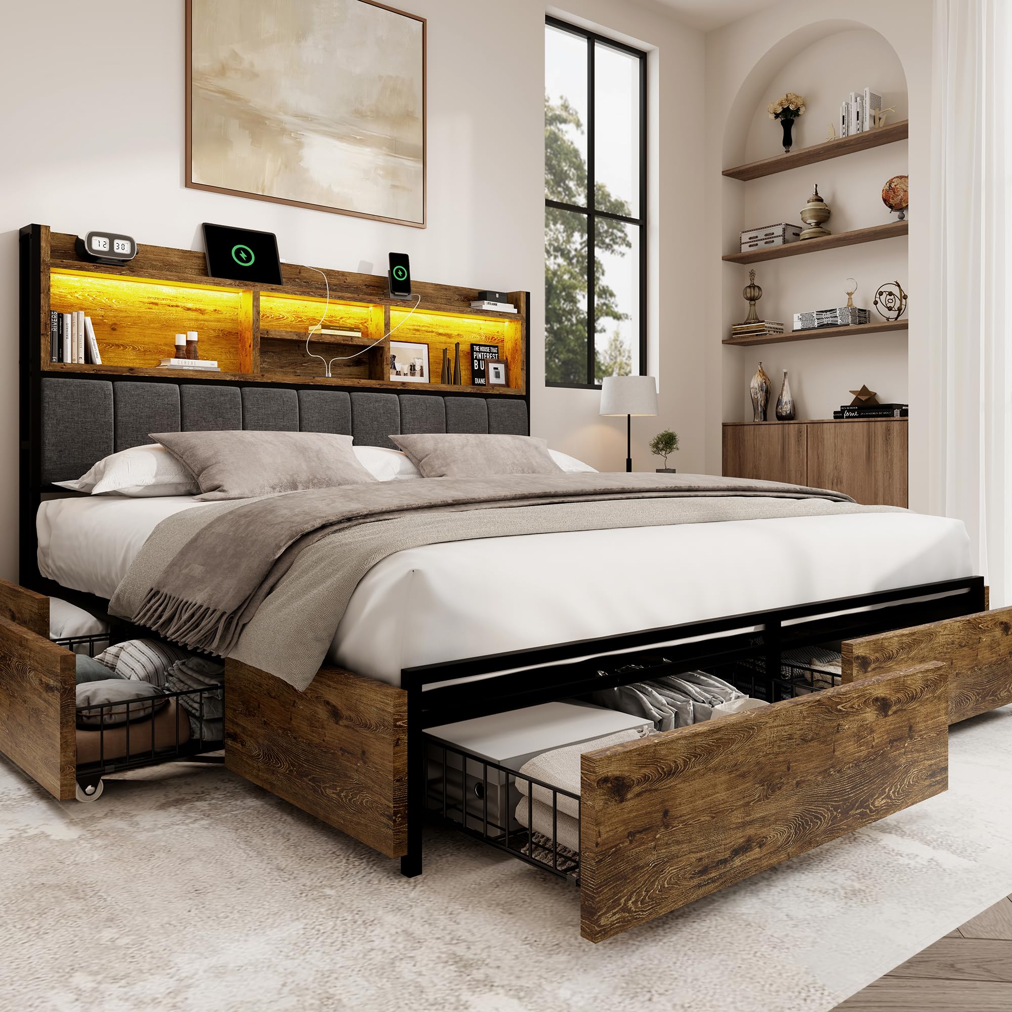 Queen Bed Frame with 6 Storage Drawers, Linen Upholstered Headboard, Built-in USB Charging Station & LED Lighting, Silent Metal Support, No Box Spring Needed, Vintage Brown