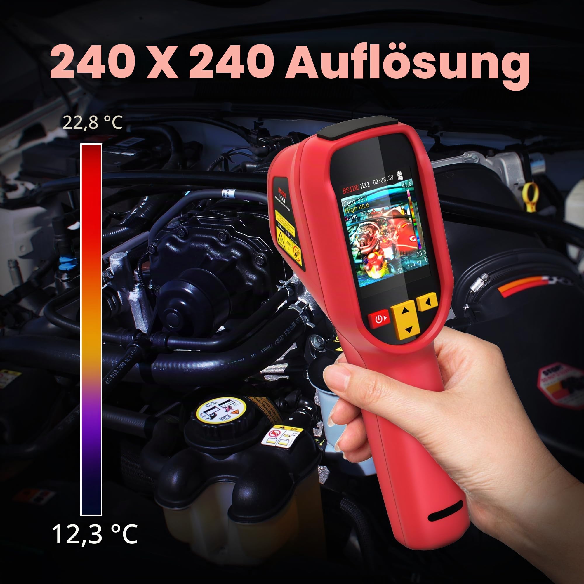BSIDE HX1 Wärmebildkamera Hochauflösende 240 x 240 Handheld Infrared Thermal Imaging Camera mit 25Hz Bildwiederholrate 15 Farbpaletten -4°F -1022°F 50°FOV für Hauswände Leckortung KFZ Elektronik