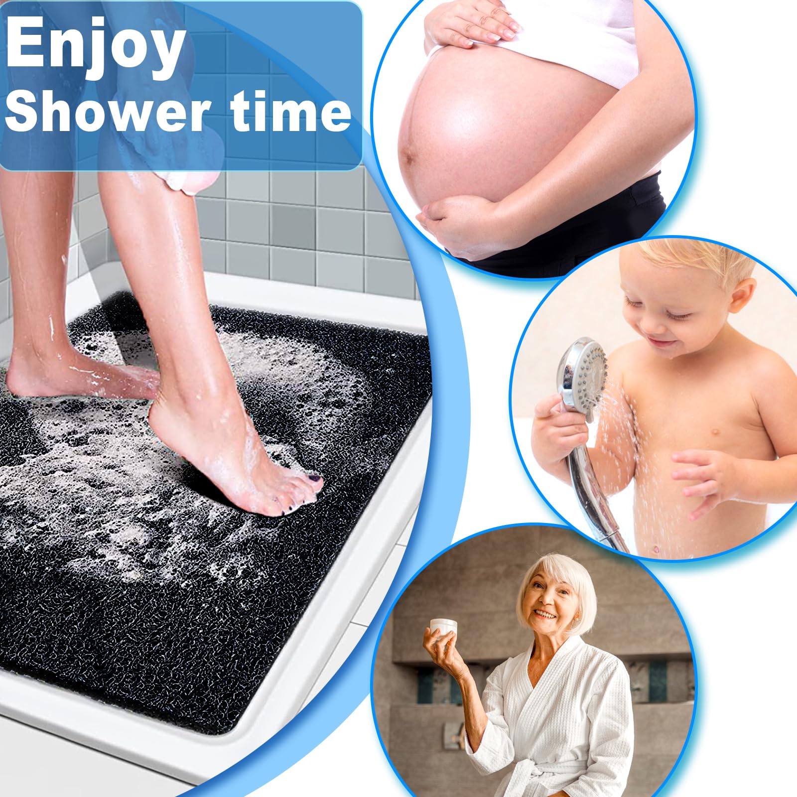 Alfombrillas de ducha antideslizantes para ancianos, 24 x 47 pulgadas, tapete de ducha antideslizante de lufa para ducha, tapete antideslizante para baño/ducha para ancianos, color negro