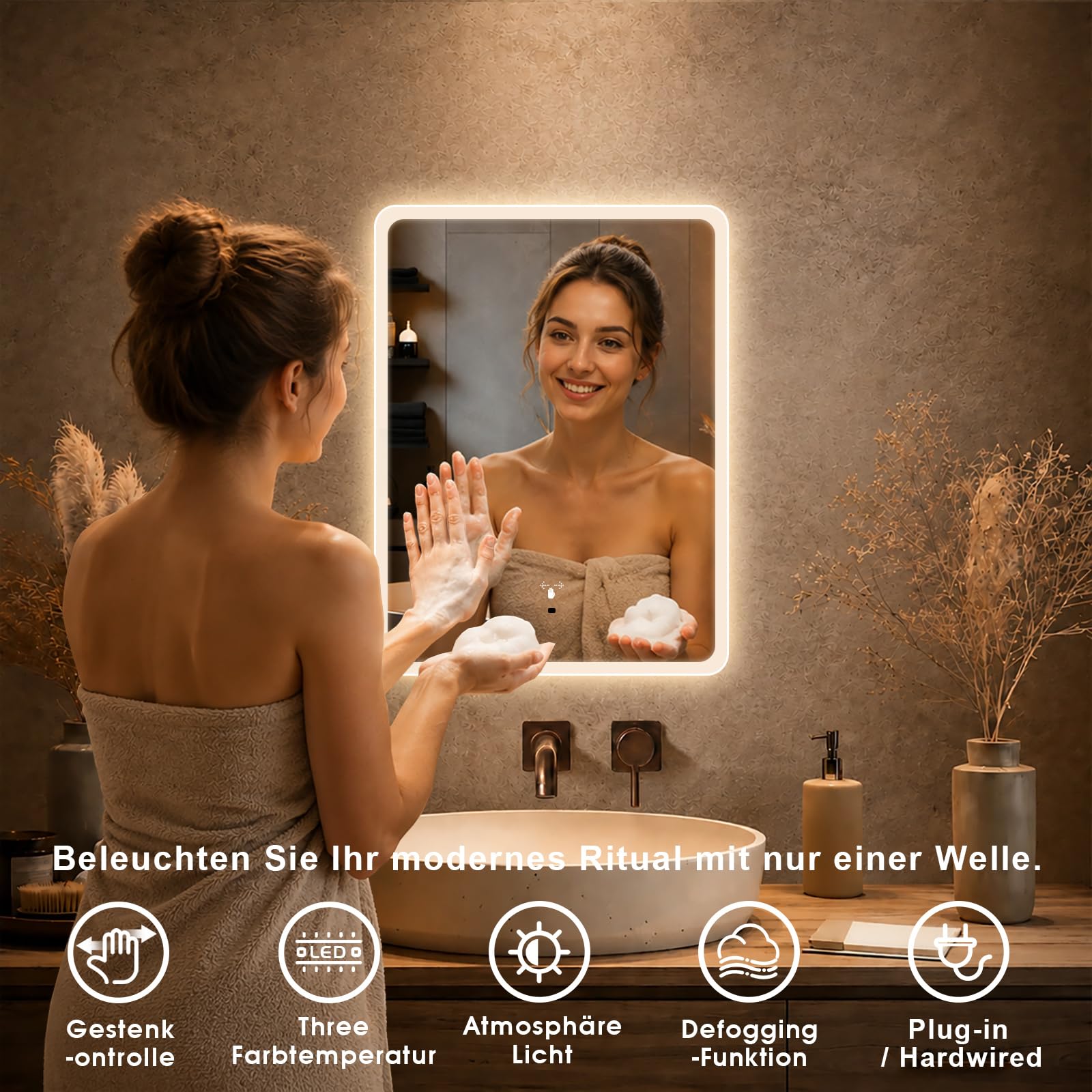 Specchio da parete per bagno, con illuminazione, specchio con luce LED, interruttore a sensore e 3 colori dimmerabili (60 L x 45 B) (60 L x 45 B)