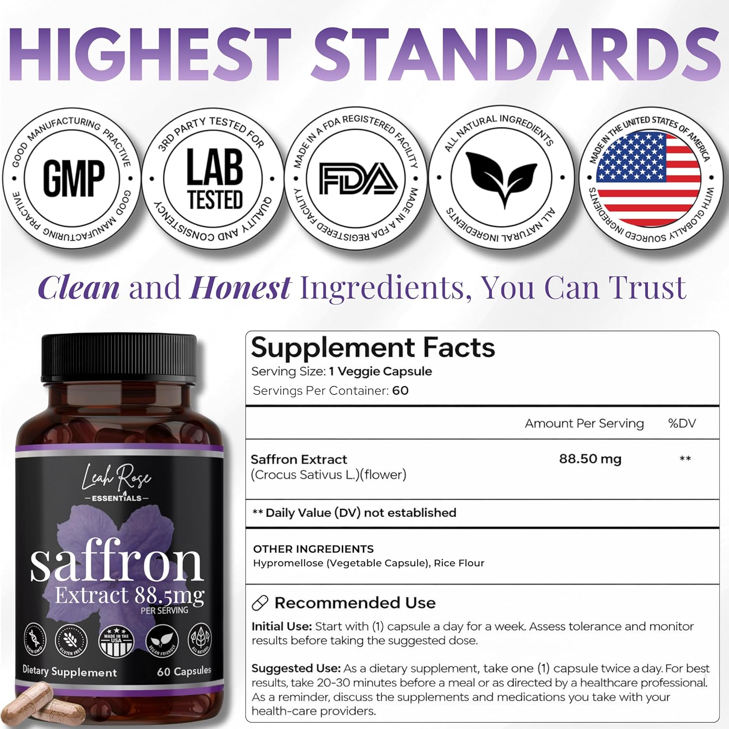 100% Pure Saffron Supplements | Saffron Extract 88.5mg - 60 Capsules | Boost Mood, Focus, and Energy | Supports Eye Health | Made in The USA | Gluten Free, Non-GMO, Vegan - Image 2