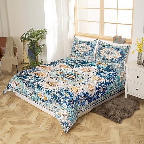 Miniatura 2 de Erosebridal Juego de ropa de cama bohemio tamaño King, funda de edredón con mandala azul turquesa para hombres y mujeres, funda de edredón retro