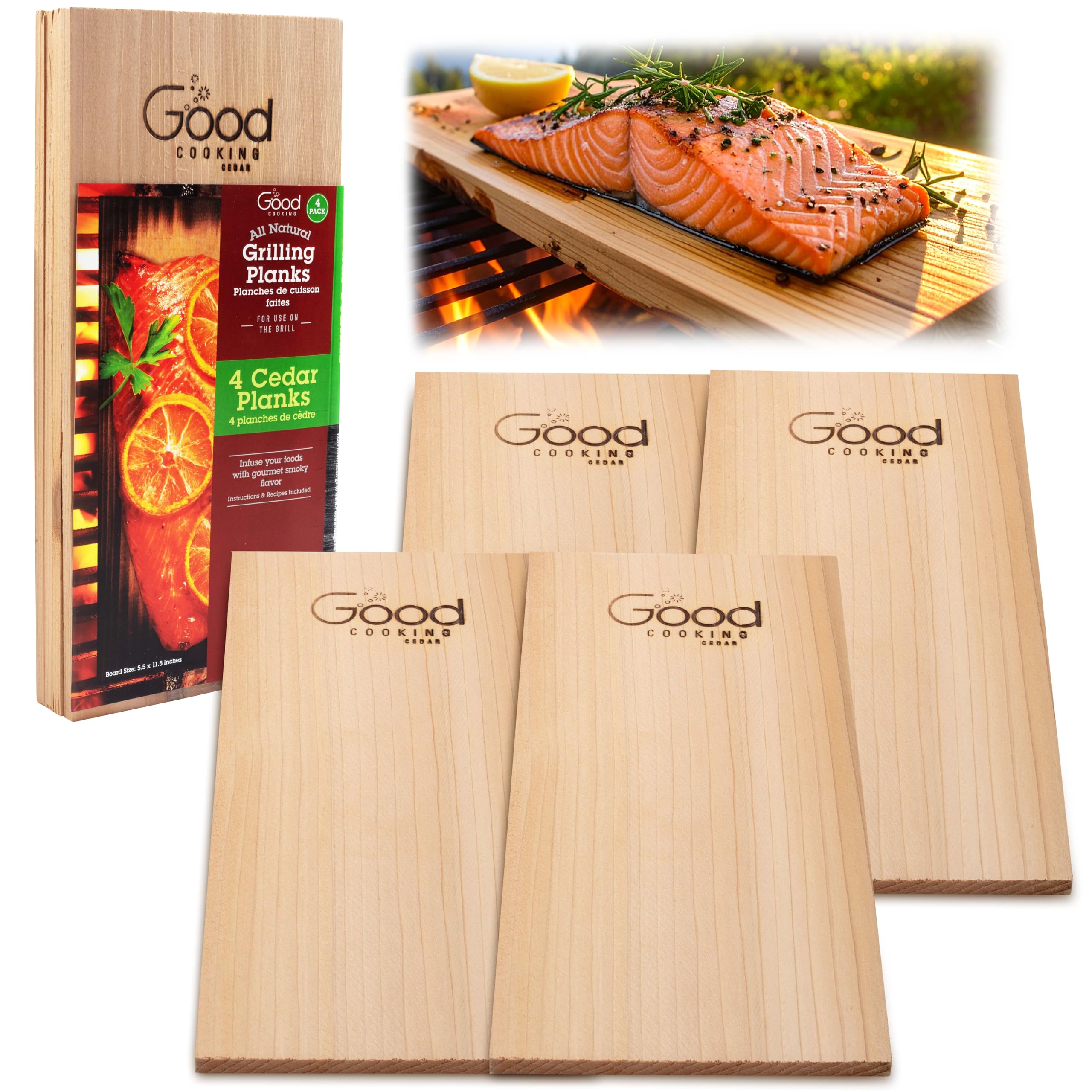 Good Cooking Grilling Planks - 4 Pack Cedar with Recipe Book - Premium Thicker Wood for Outdoor or Barbecue Salmon, Seafood, Steak, Burgers, Pork Chops, Vegetables - Reusable & Durable - 12" x 6"