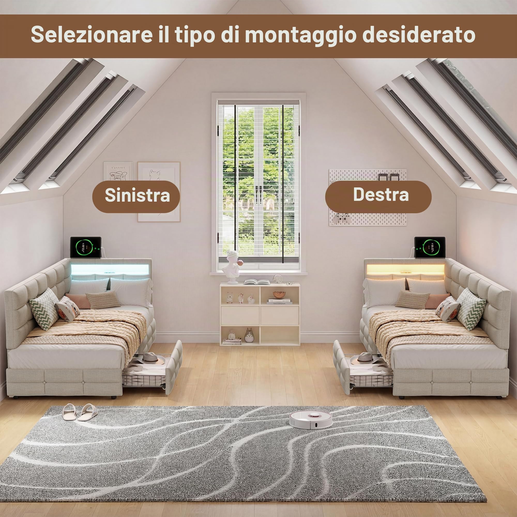 Divano Letto Singolo 140x190 cm con LED, USB e 2 Cassetti, Letto Imbottito a L in Tessuto di Lino Beige, Letto con Contenitore Moderno e Funzionale per Camera da Letto, Senza Materasso