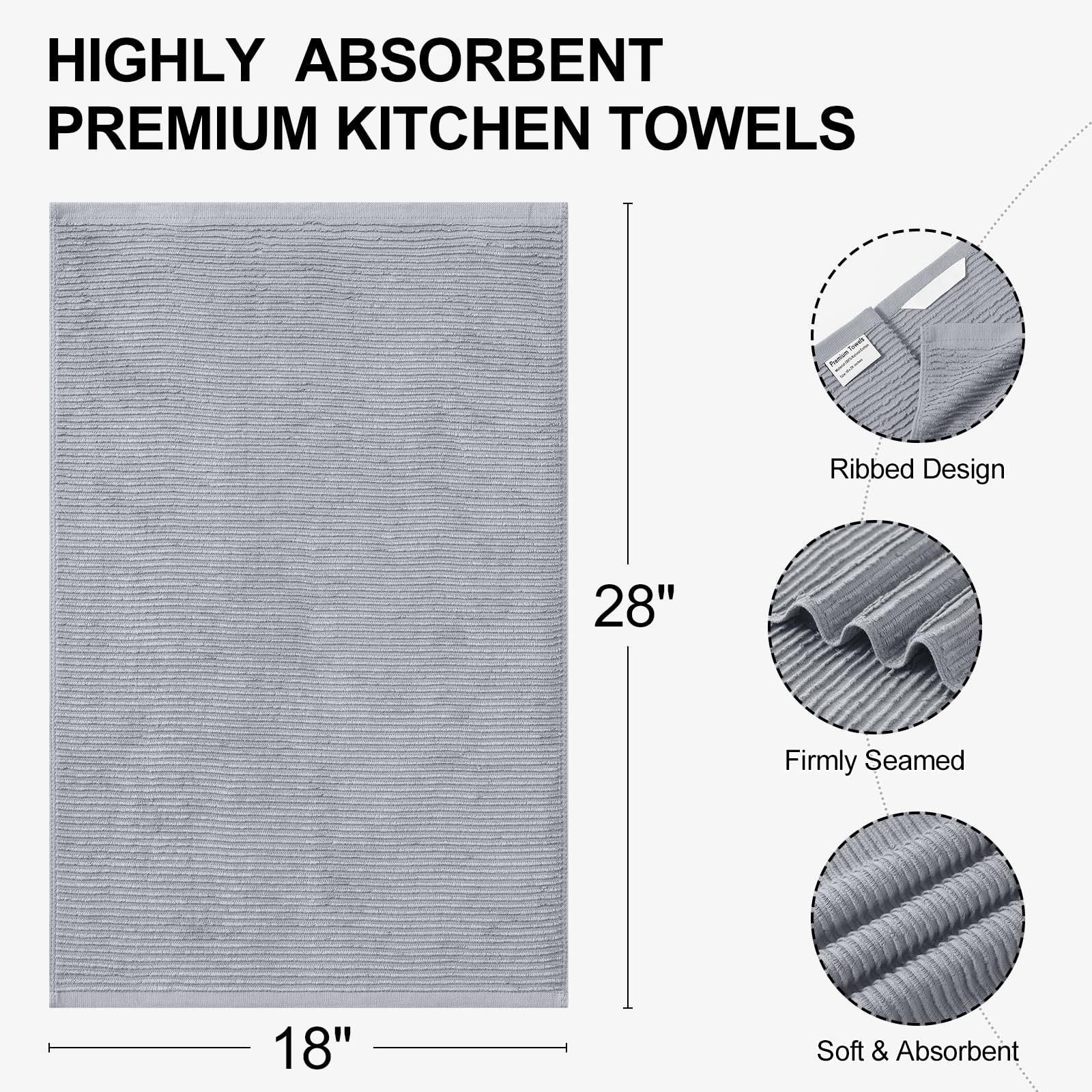 Homaxy Lot de 12 grands torchons de cuisine 100 % coton, ultra absorbants, en tissu éponge côtelé, avec boucle de suspension, 45,7 x 71,1 cm, gris