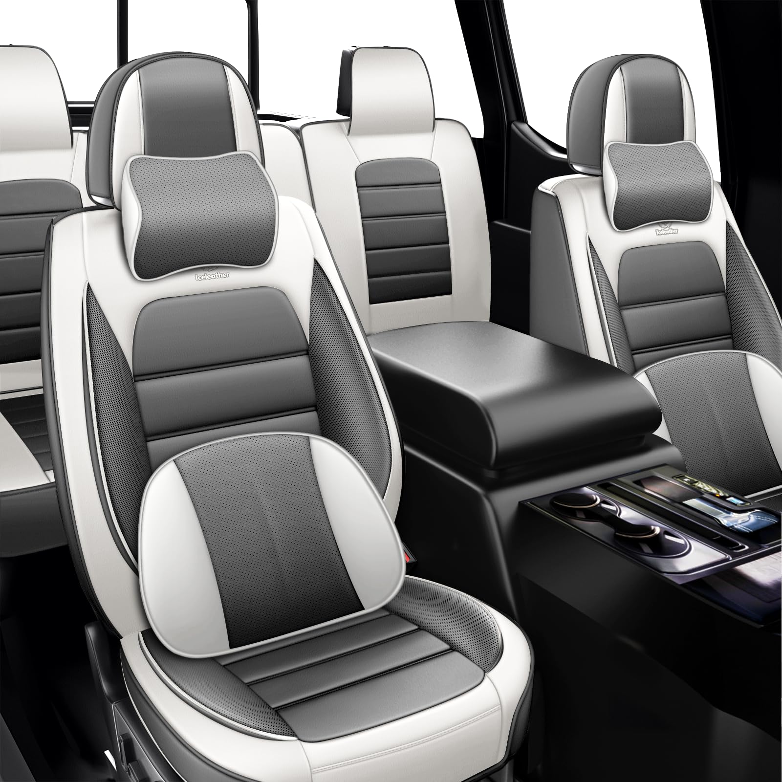 ILMO Fit for GMC Yukon 2000-2026 Car Seat Covers, Waterproof Leather Seat Cover, Full Coverage with Compatible Airbag Seat Protector(Gray White, 5