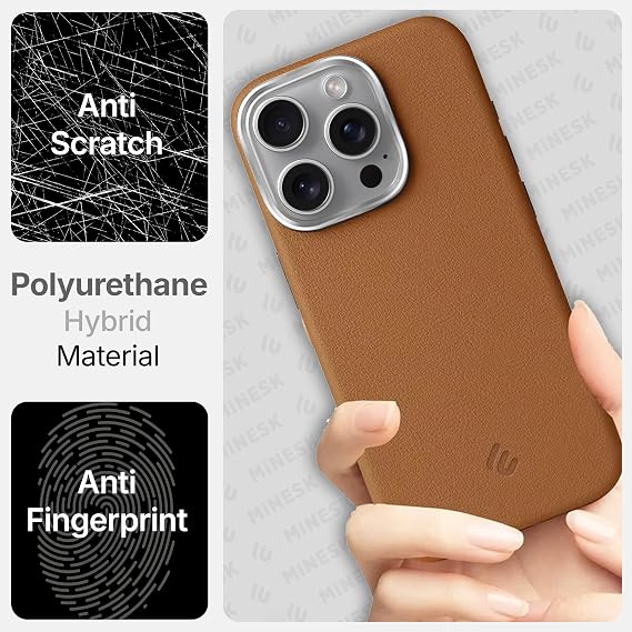 Hybrid Silicone Case with Metal Keys and Metal Lens Frame with Unscratched and Fingerprint-Free Leather Look Compatible with MagSafe for Minesk iPhone 15 Pro Max (Taba, 15 Pro Max)