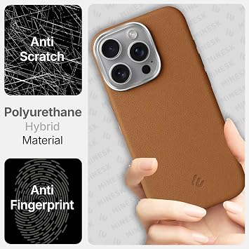 Hybrid Silicone Case with Metal Keys and Metal Lens Frame with Unscratched and Fingerprint-Free Leather Look Compatible with MagSafe for Minesk iPhone 15 Pro Max (Taba, 15 Pro Max)