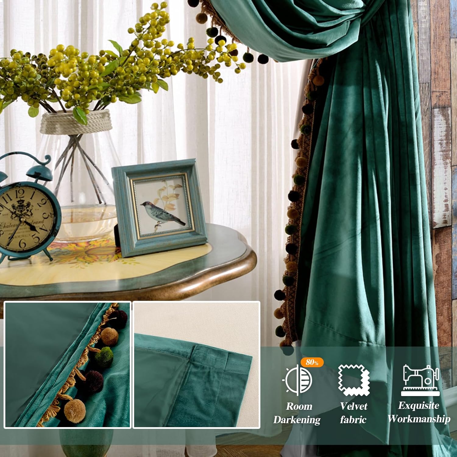 Melodieux Luxury Pom Poms Velvet Curtains for Bedroom Living Room, Vintage Room Darkening Rod Pocket Window Decorative Drapes, 52" W x 84" L, Antique Green (2 Panels)
