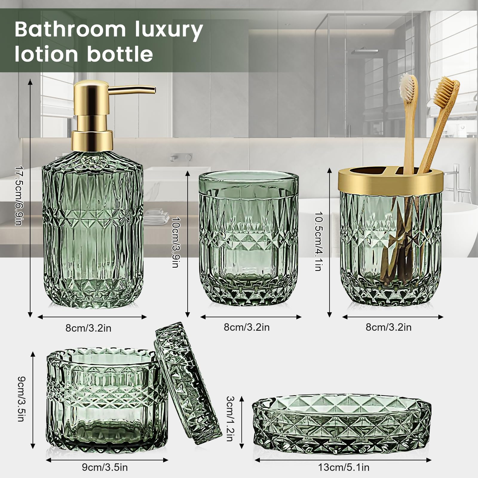 5 Stück Grünes Glas Badezimmer Zubehör Set, Glas Badezimmer Accessoires Set von Lotionspender,Seifenschale,Zahnbürstenhalter,Becher,Wattestäbchen Badezimmer Deko Set für Modernes Bad,Vintage Geschenk