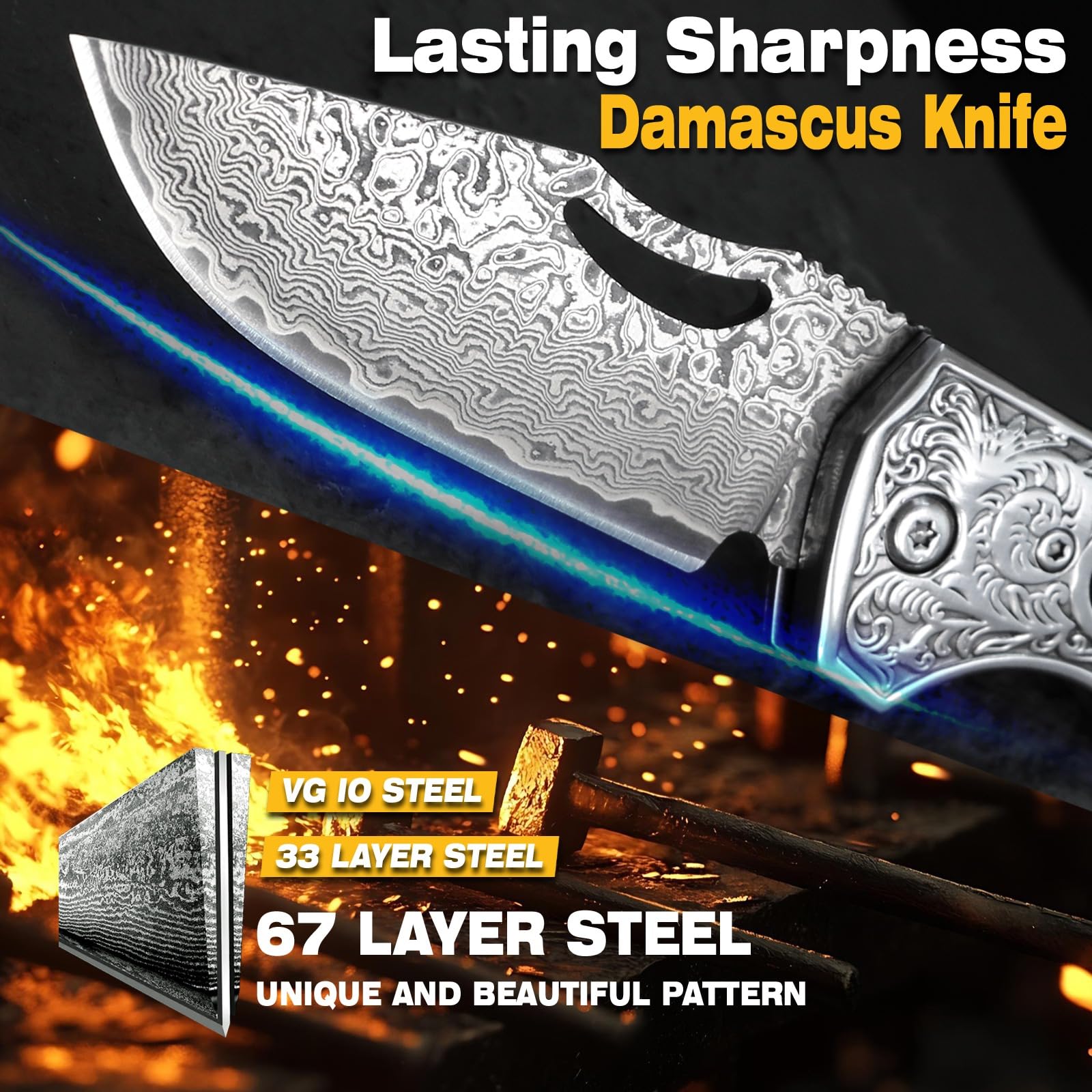 Damast Taschen Klappmesser Outdoor Messer Jagdmesser Survival Messer Bushcraft EDC Zweihandmesser Mit Harzgriff Gravur, Lederscheide Für Camping Wandern Angeln