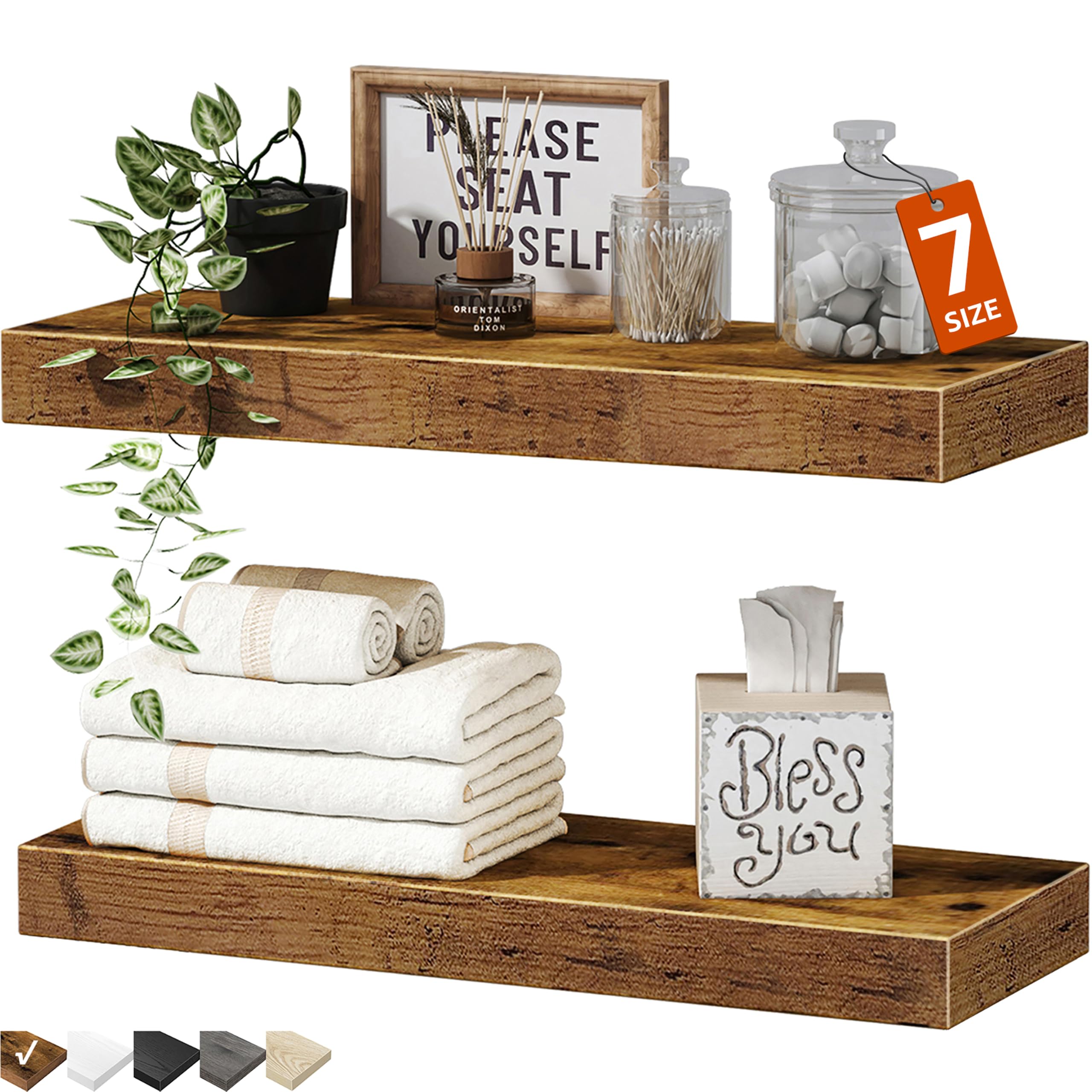 Photo 1 of QEEIG Bathroom Floating Shelves for Wall - 15.7" Wall Mounted Shelf Over Toilet Farmhouse Home Decor Display Bookshelf Small 15.7 x 6.7 inch Set of 2, Rustic Brown (008-40BN)