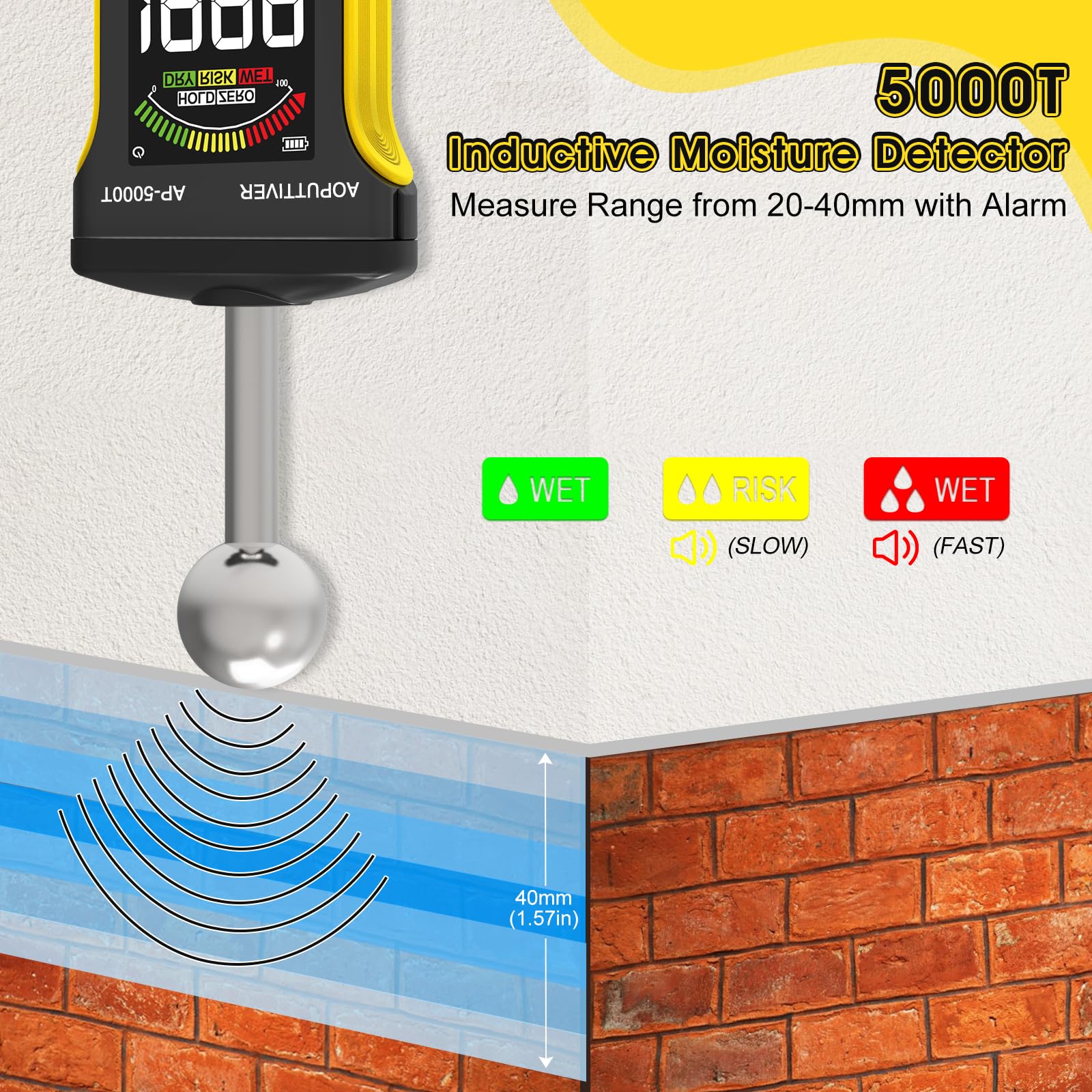 Testeur Humidité Humidimètre Sans Aiguille T, Détecteur Humidité Murs, Bois, Maçonnerie et Béton avec écran Couleur LCD et Alarme, Détecte Jusqu'à 20-40mm Sous la Surface