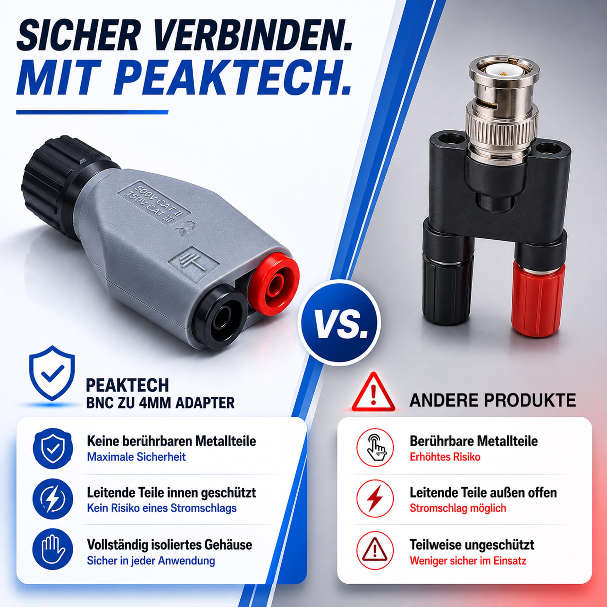 PeakTech 7055 - BNC zu 4mm Adapter Stecker für Oszilloskope, berührungssicher