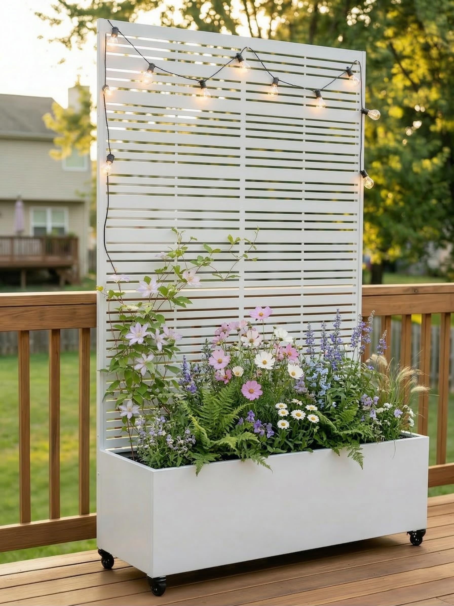 Hochbeet mit Sichtschutz, Metall Pflanzkasten mit Rankgitter und Rollen, freistehender Pflanzkübel 33cm tief, wetterfest für Blumen und Kletterpflanzen - Ideal für Garten, Balkon und Terrasse (Weiß)