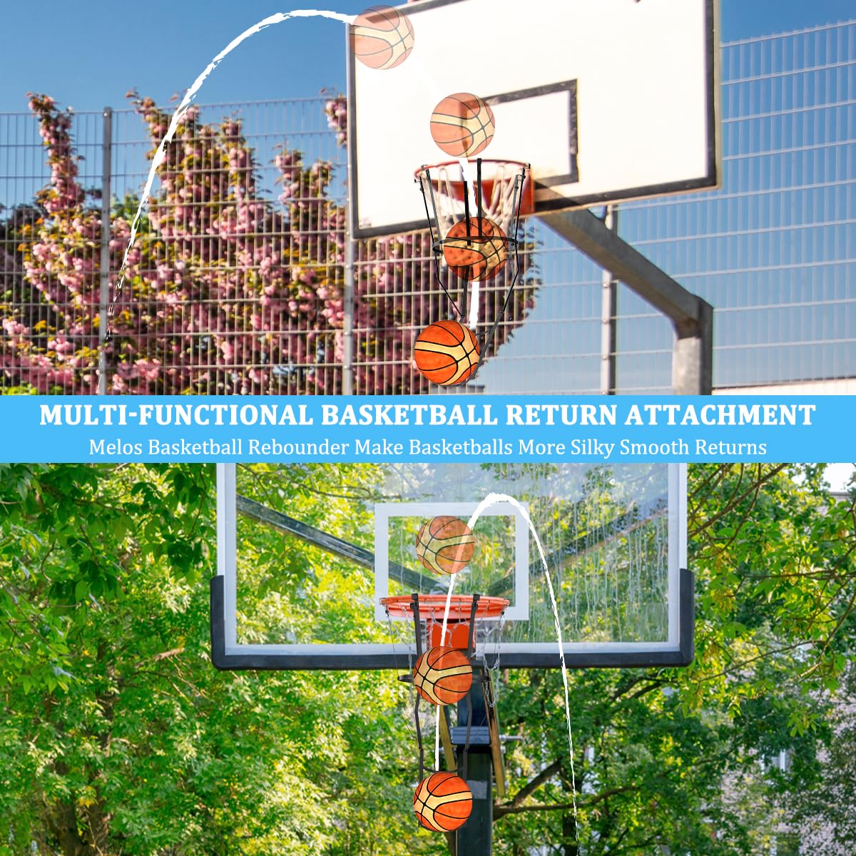 Basketball Rückkehr Aufsatz für Hoop Heavy Duty Basketball Rebounder mit 6 Haken, Basketball Zubehör für Indoor und Outdoor, Basketballkorb Rebounder für Solo Spielen und Üben, Metall, Schwarz