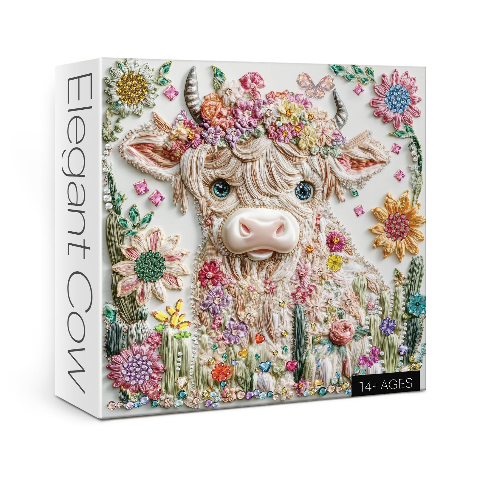 Crystal Highland Cow Puzzle for Adults 1000 Pieces, Cute Animal Jigsaw Puzzle, Flower Butterfly Diamond Challenging Gem Jewel Art Puzzle