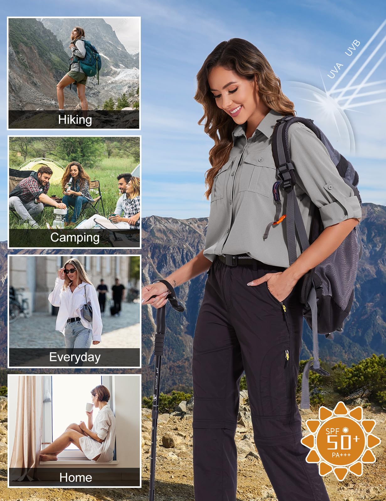 Tuopuda Chemisier Femme Chic Élégant Blouses UPF 50+ Protection Solaire T-Shirt Chemise Col en V avec Boutons Respirant Tunique Haut Manches Longues Décontracté Tops Randonnée Safari