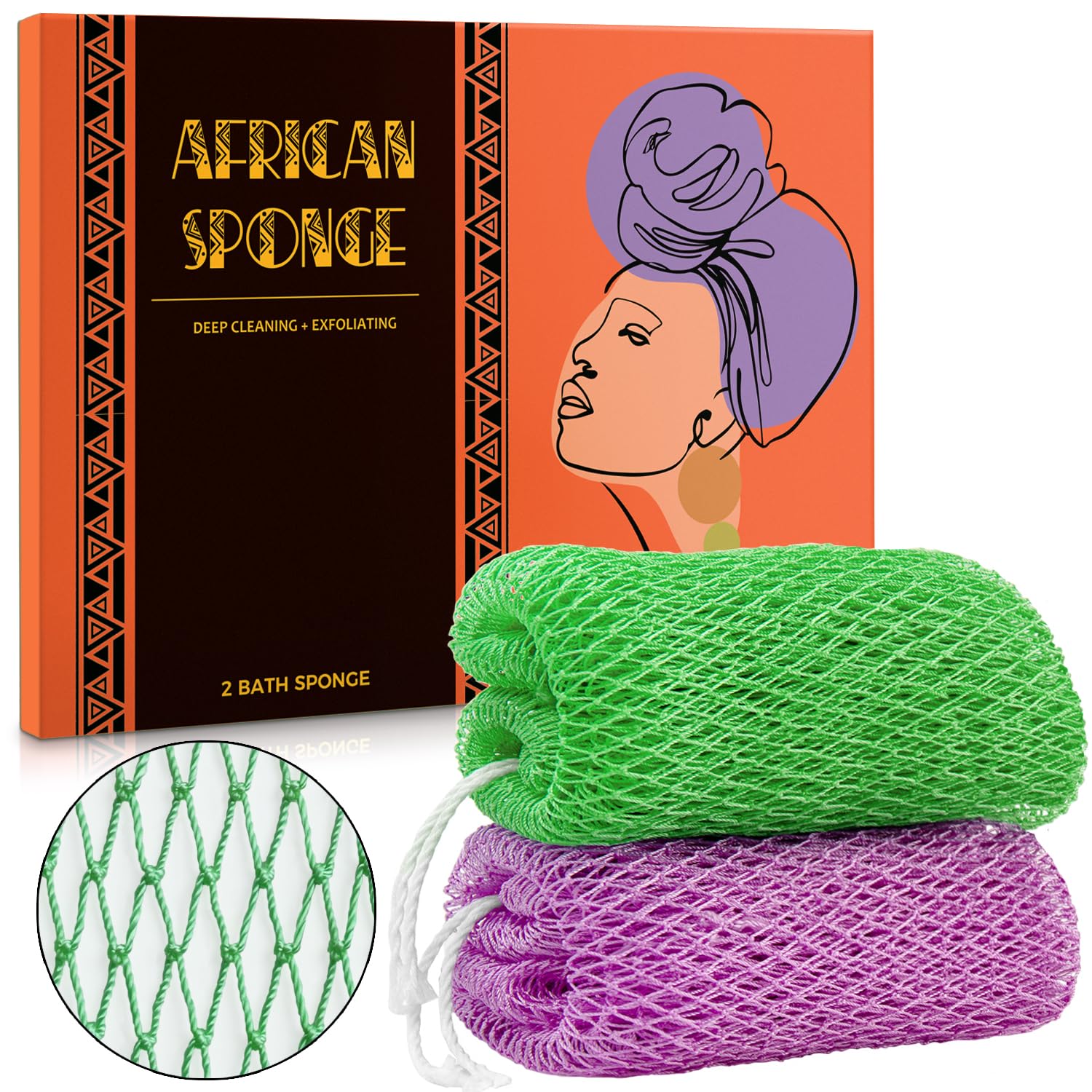 African Net Sponge Authentic - 2 Pieces Real African Exfoliating Sponge with Knots - Afro Back Scrub Net for Body Exfoliator - Bath Loofah Washcloth