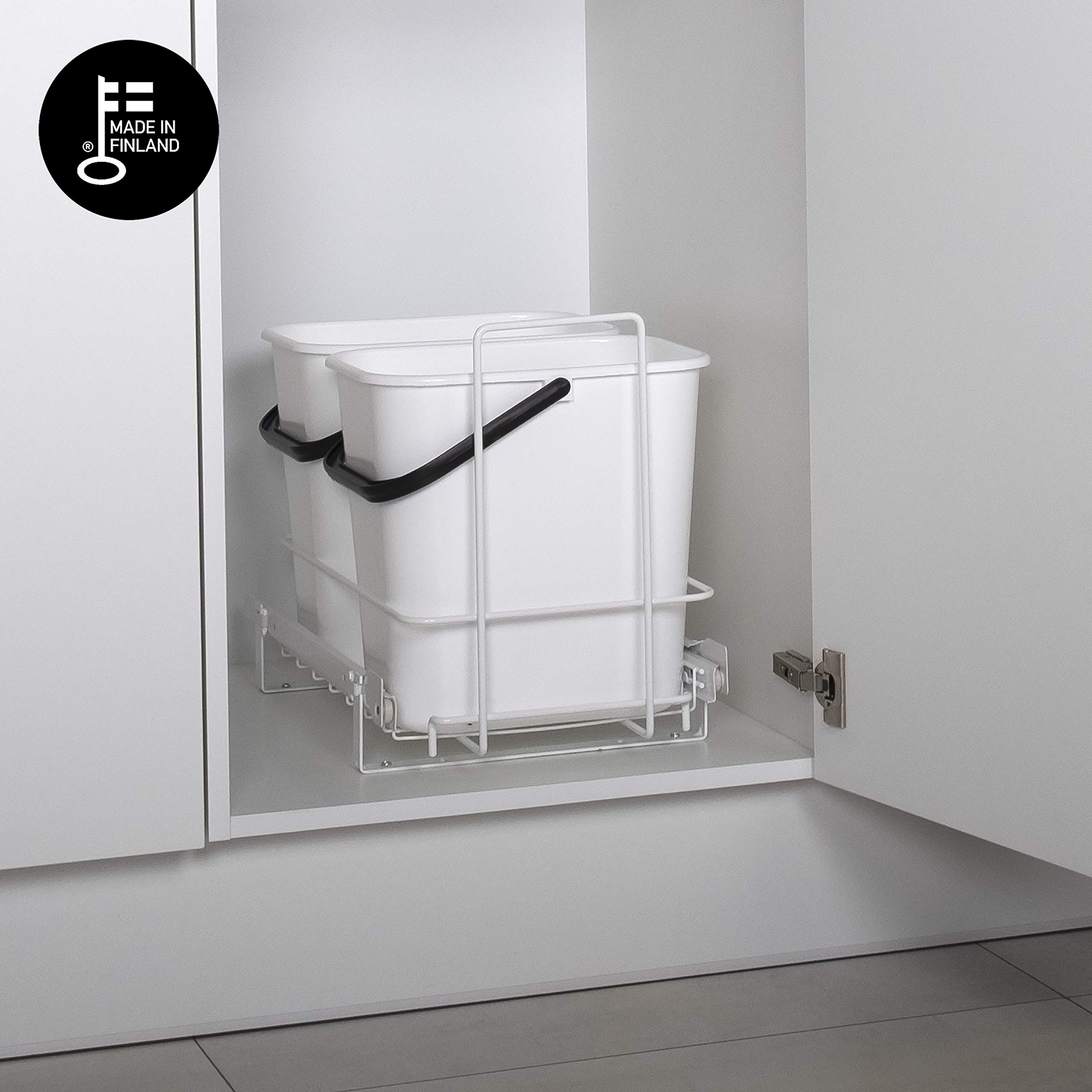 LM 66/2 Einbau Mülleimer weiß ausziehbar Duo Mülltrennsystem für Küche Unterschrank, 2 Abfalleimer weißer Korbauszug 29x48x35,5 cm