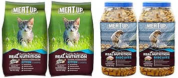 Meat Up Kitten (1-12 Months) Dry Cat Food, Ocean Fish, 600g (Buy 1 Get 1 Free) & Meat Up Mutton Flavour, Real Chicken Biscuit, 500g (Buy 1 Get 1 Free)