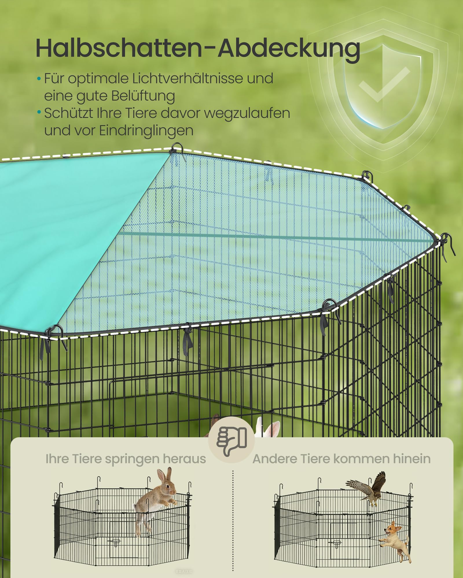SONGMICS Kleintiergehege, Freilaufgehege mit Abdeckung, Gehege, atmungsaktiv, Sonnenschutz, für Kaninchen, Meerschweinchen, 8 Gitterplatten, 175 x 175 x 80 cm, tintenschwarz LPI021BH01