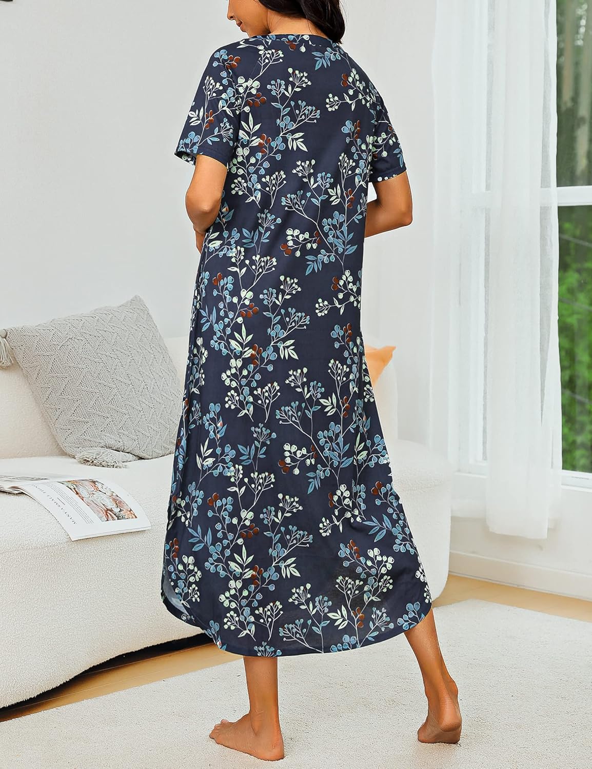 Marvmys Women Short Sleeves Long Nightgown Super Soft Sleepwear Comfy V Neck Cotton Nightshirts with Pocket - Image 2