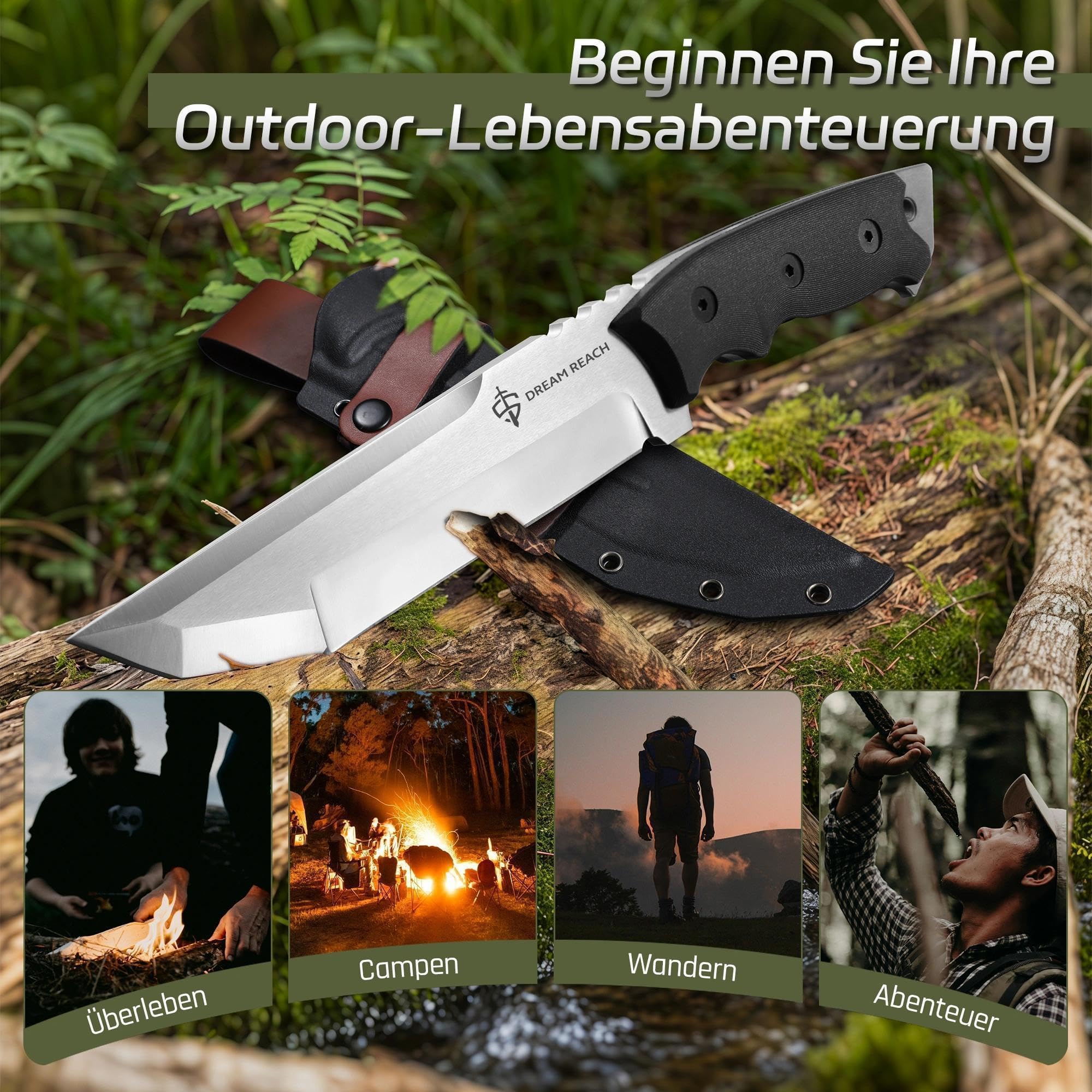 Dream Reach Machete Scharf Echt - Full Tang Outdoor Messer mit Ergonomischer Griff Feststehend Messer mit Scheide für Camping Geschenke für Männer