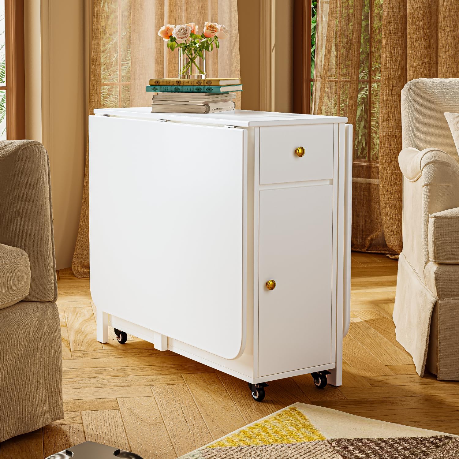 No Assembly Required, 58.9'' Foldable Dining Table for Small Space, Rectangular Wood Folding Extendable Kitchen Table with Drop Leaves (White)