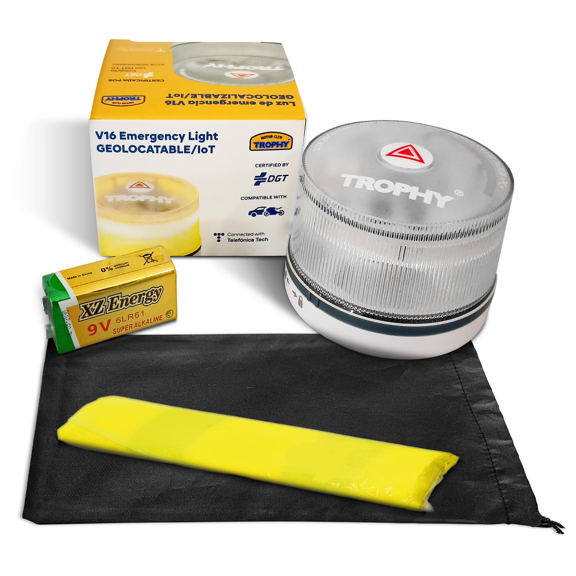 Pack 2 Baliza V16 Homologada DGT 3.0 con Geolocalización + Chaleco + Bolsa | Kit Emergencia Coche | Luz LED 360° 1 km | Pila 9V | DGT 2026–2038 Sin Suscripción