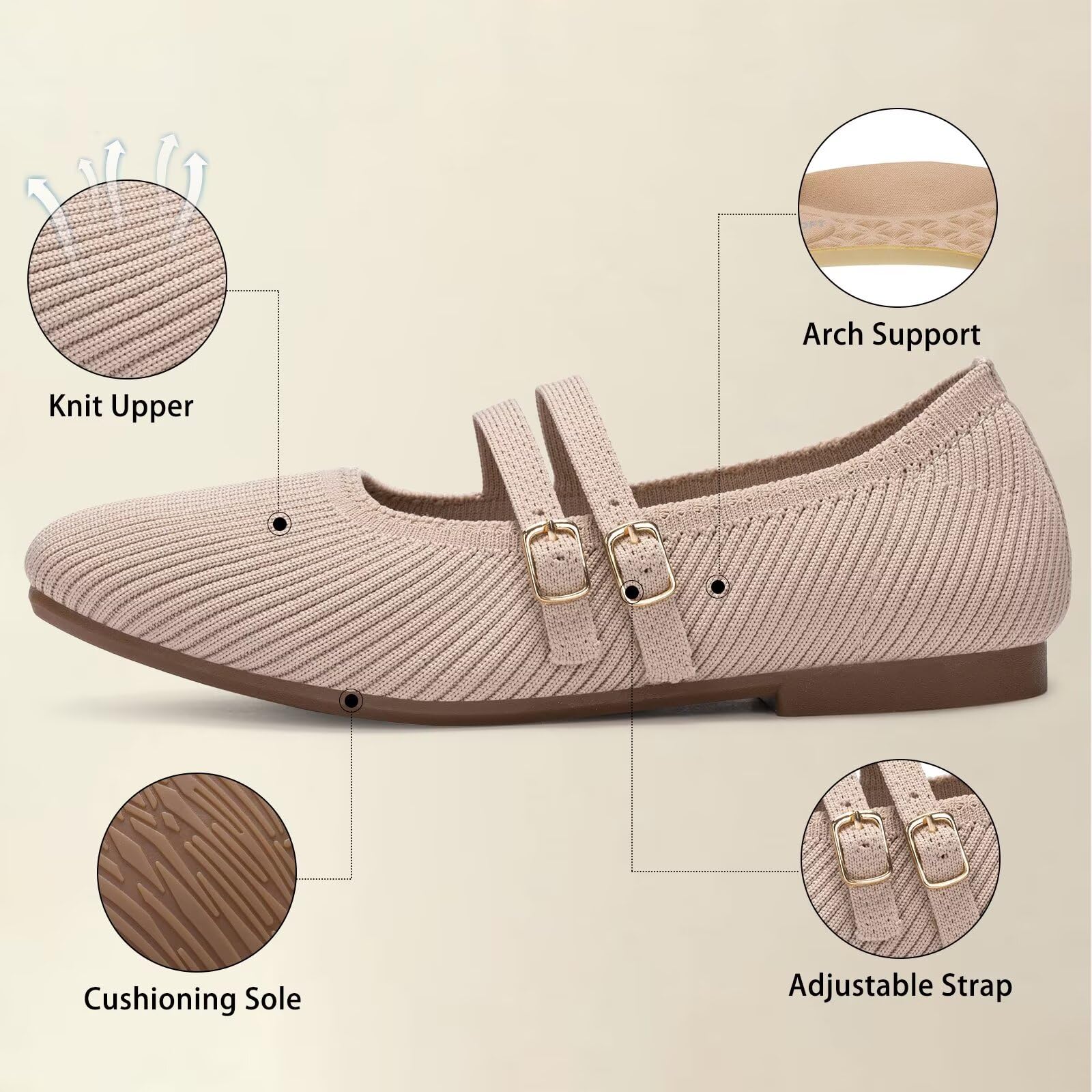 Frank Mully Damen-Ballerinas mit eckiger Spitze, Mary-Jane-Schuhe, Ballerinas mit Riemchen, bequeme Slipper aus Strick, elegant-leger