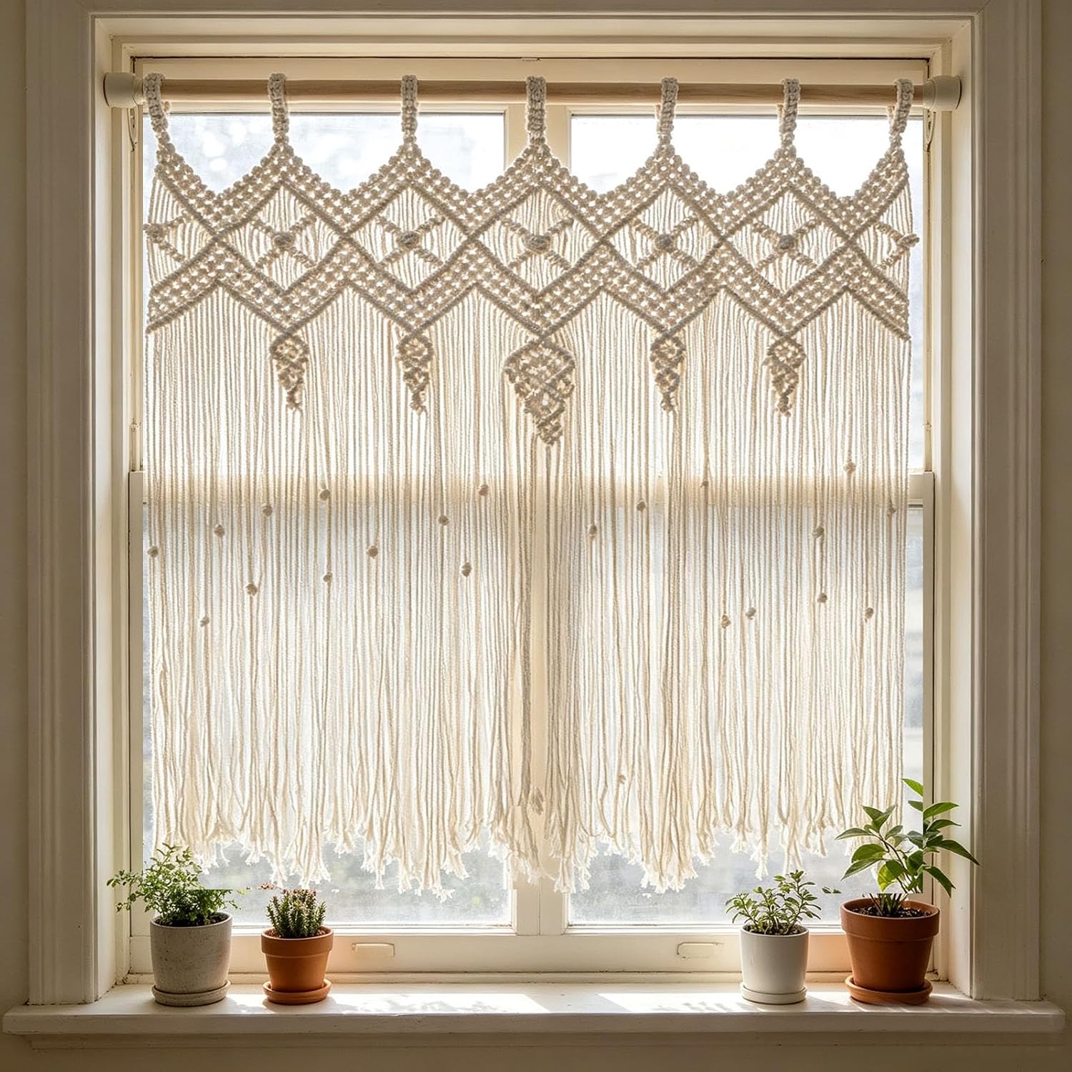 Macrame Curtains Boho Window Valance Macrame Valance Handmade Woven Tapestry Macrame Wall Hanging for Bedroom Living Room Kitchen Bathroom Farmhouse Bohemian Home Decor (33.4‘’W x 35.4‘’H)