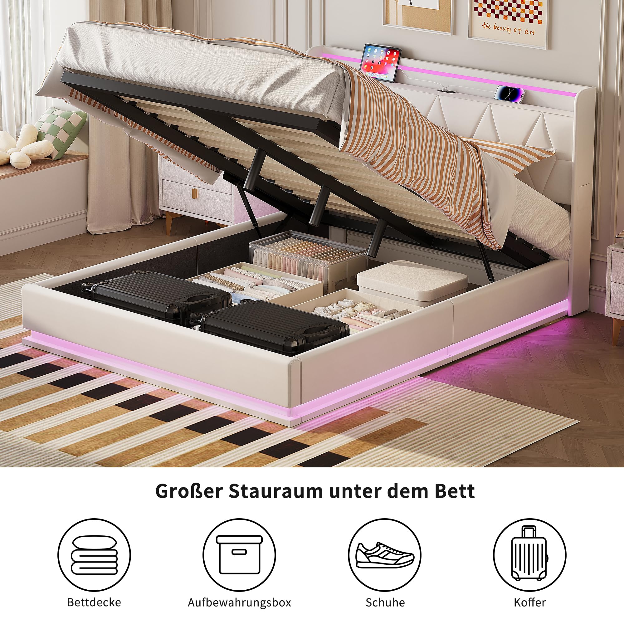 Tweepersoonsbed Van 160x200 Cm In Beige Linnen - Hoofdbord En Voeteneinde Met Ledverlichting 4 Metalen Lades Usb En Type C Aansluitingen