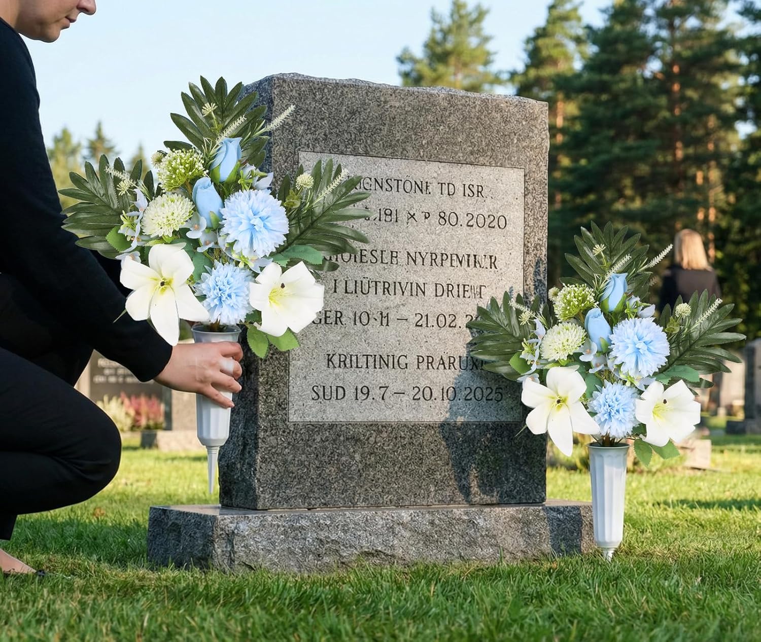 2 Sets Cemetery Flowers for Grave, Outdoor Lily Chrysanthemum Hydrangea Rose Artificial Flowers Grave Flowers with Cemetery Vase, Lasting and Non-Bleed Colors(Blue)