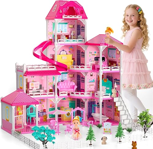 Doloowee 4-Story DIY Dollhouse with 2 Dolls, Pets & Furniture for Girls 3-8 | 4-level princess villa features 10 themed rooms, slide, 2 dolls, 4 dogs & rich furniture. Safe ABS plastic. Perfect kids gift
