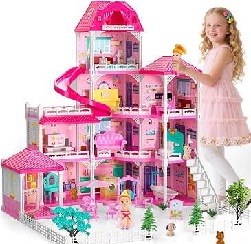 Doloowee 4-Story DIY Dollhouse with 2 Dolls, Pets & Furniture for Girls 3-8 | 4-level princess villa features 10 themed rooms, slide, 2 dolls, 4 dogs & rich furniture. Safe ABS plastic. Perfect kids gift