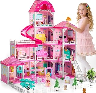 Doloowee 4-Story DIY Dollhouse with 2 Dolls, Pets & Furniture for Girls 3-8 | 4-level princess villa features 10 themed rooms, slide, 2 dolls, 4 dogs & rich furniture. Safe ABS plastic. Perfect kids gift