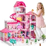 Doloowee DIY Dolls House for Girls - 4-Level 10-Room Villa with 2 Dolls, 4 Dogs & Rich Accessories, DollsHouse Toys for Kids 4-8 Years Old